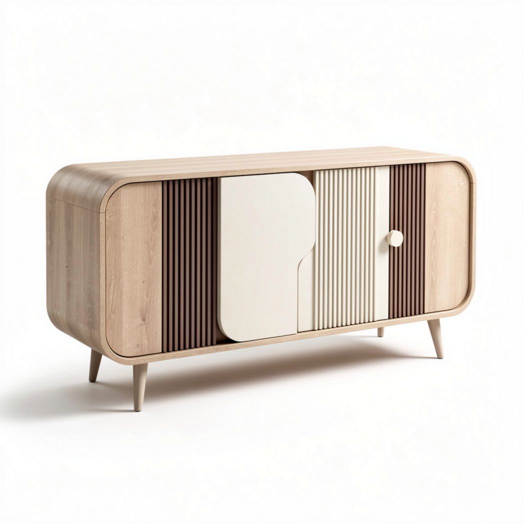 Wooden sideboard with multi-textured doors and modern design 80 x 40 x 45cm