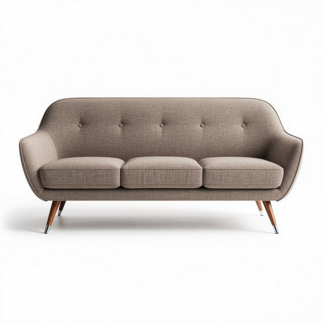 Mid-century modern sofa in brown fabric with wooden legs 180 x 80 x 70cm