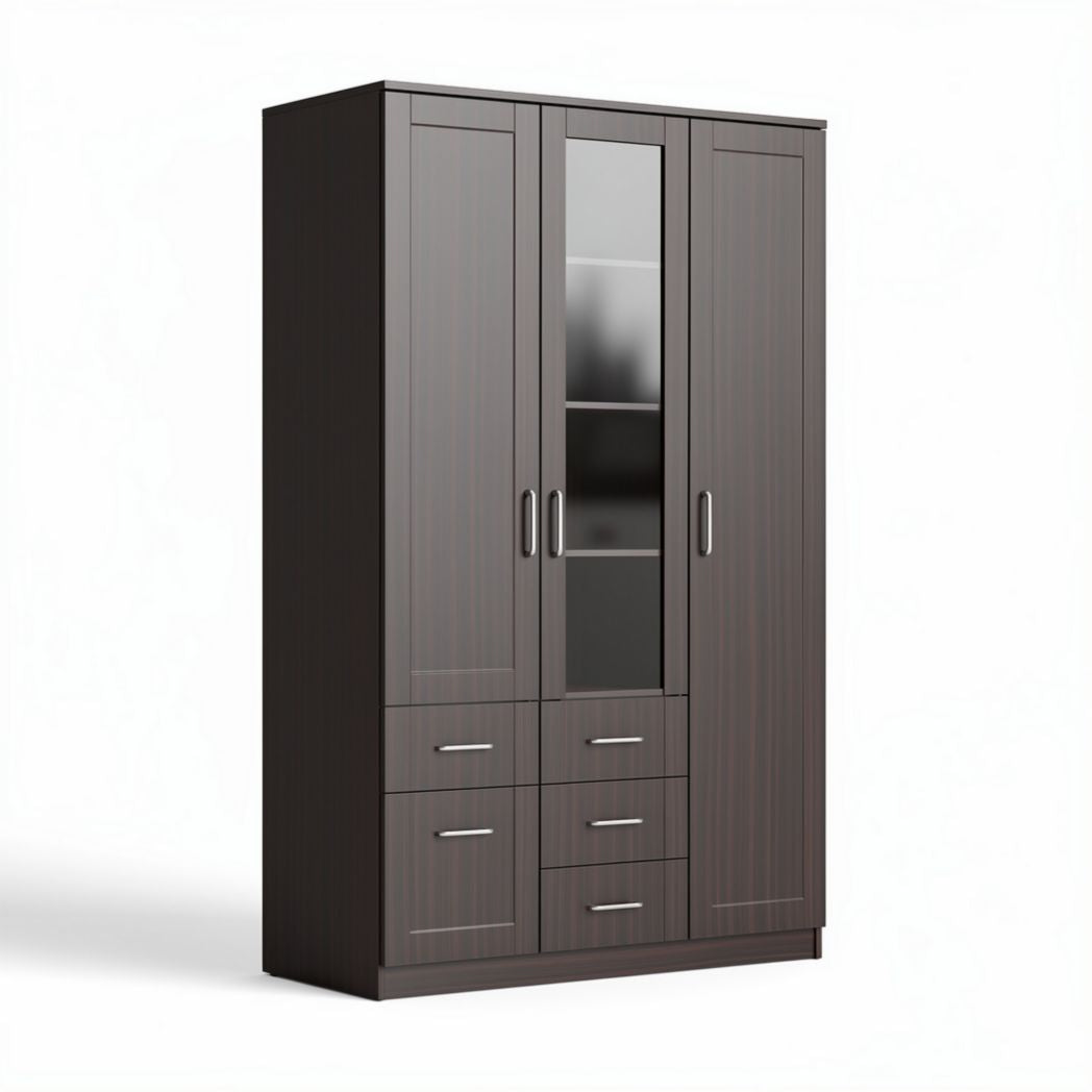 Dark wood wardrobe with glass doors and multiple storage drawers 80 x 40 x 180cm