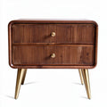 Wooden nightstand with two drawers and ribbed design in walnut finish