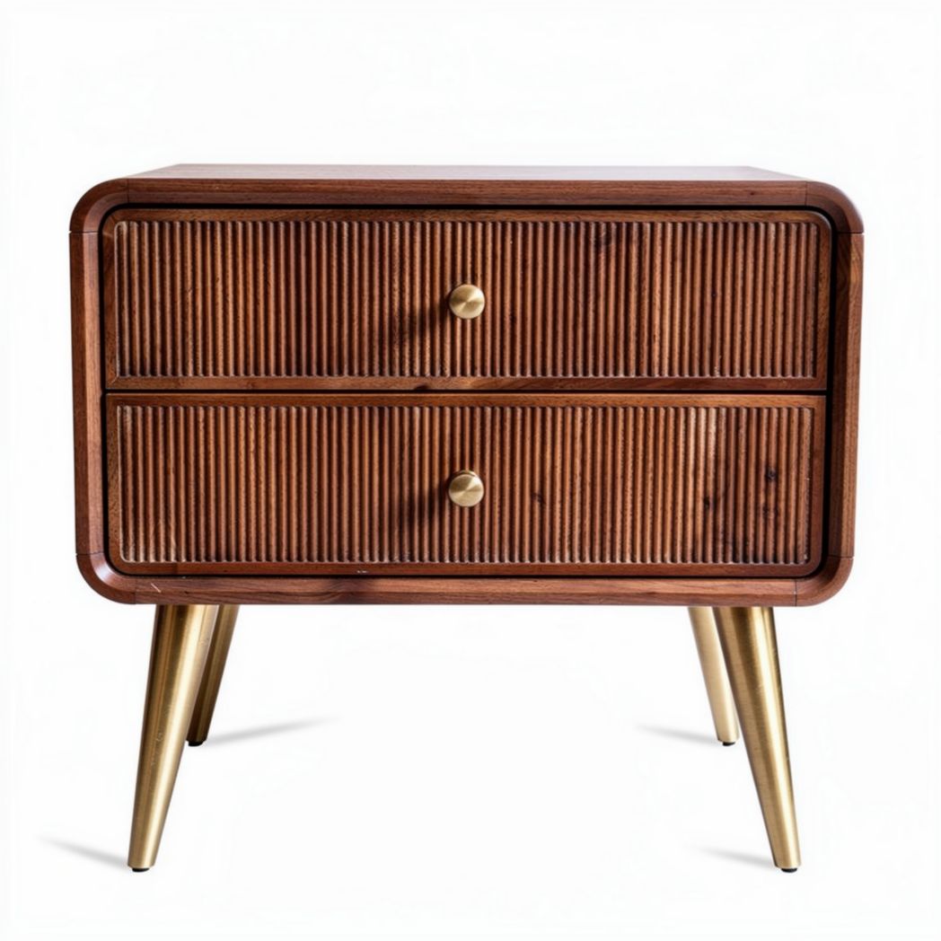 Wooden nightstand with two drawers and ribbed design in walnut finish