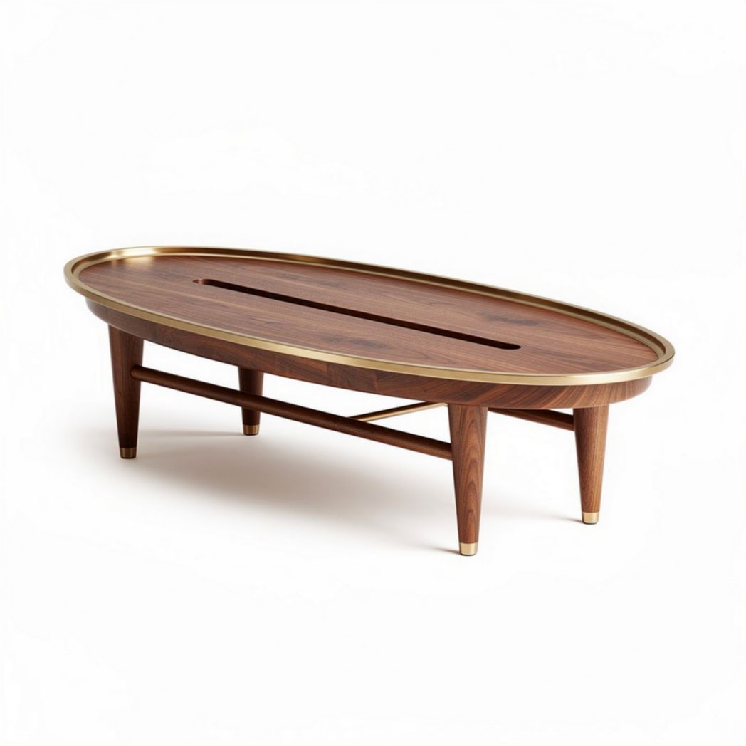 Walnut wood oval coffee table with brass trim and central storage slot