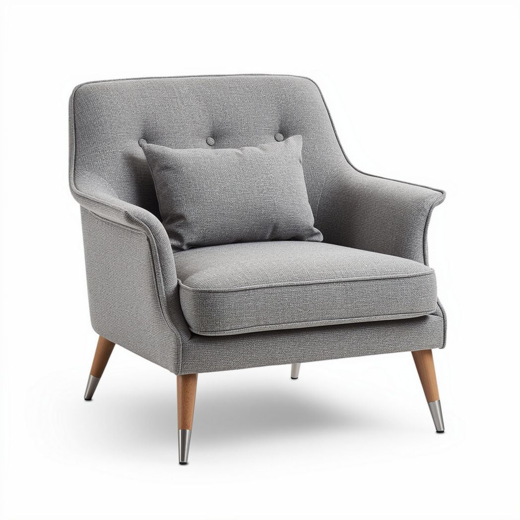 Mid-century modern accent chair in gray fabric with wooden legs and cushion 80 x 80 x 85cm