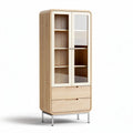 Glass door display cabinet with wood finish and two drawers 70 x 40 x 180cm