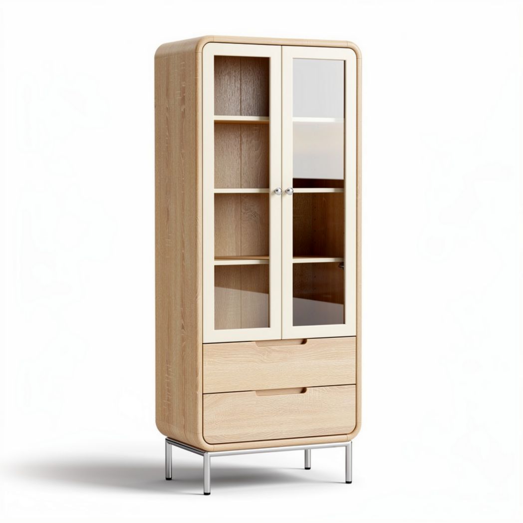 Glass door display cabinet with wood finish and two drawers 70 x 40 x 180cm