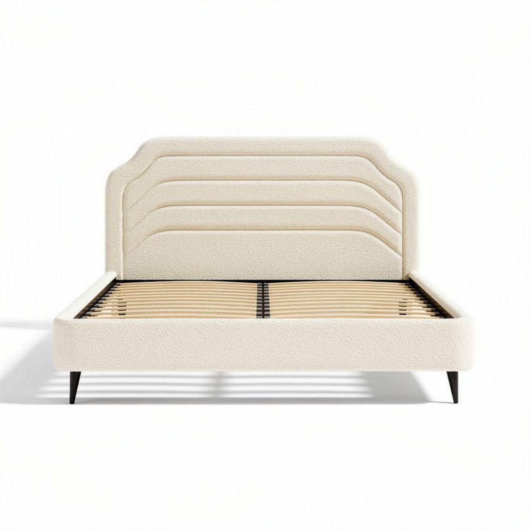 Upholstered platform bed frame with curved headboard and wooden slats 210 x 160 x 100cm