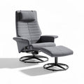 Adjustable gray fabric lounge chair with ottoman and swivel base