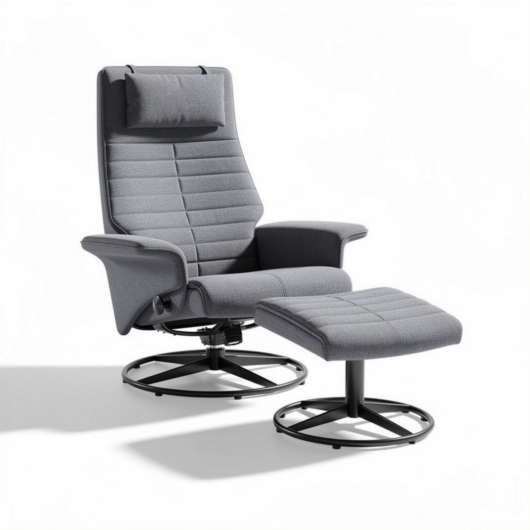 Adjustable gray fabric lounge chair with ottoman and swivel base