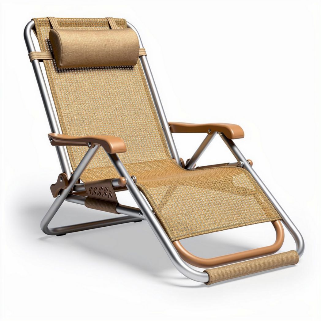 Folding lounge chair with adjustable headrest and breathable fabric in beige