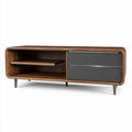 Walnut wood coffee table with gray drawers and open shelf 120 x 40 x 45cm