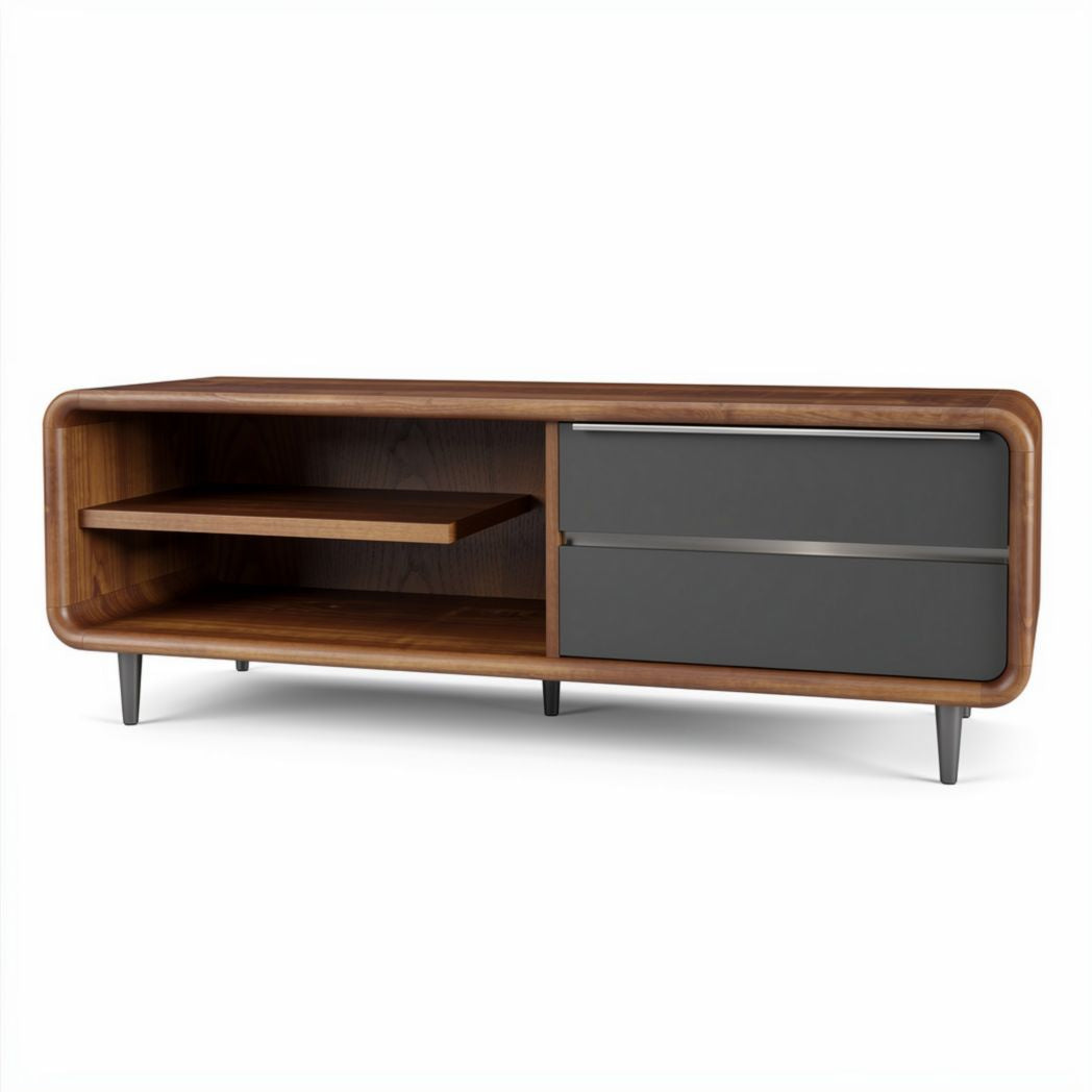 Walnut wood coffee table with gray drawers and open shelf 120 x 40 x 45cm