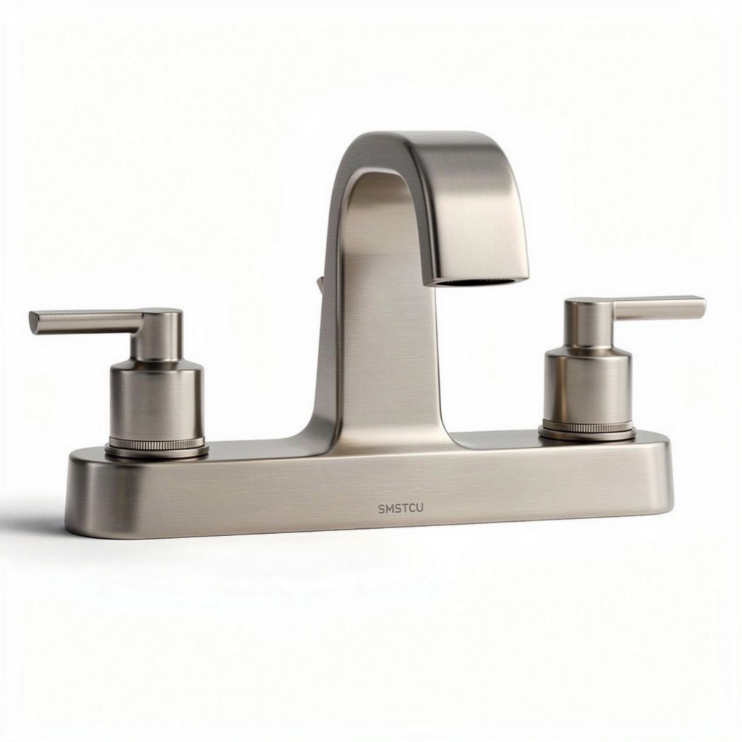 Brushed nickel bathroom faucet with dual lever handles and modern design