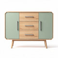 Mid-century modern wooden sideboard with green cabinet doors and three drawers 90 x 40 x 75cm