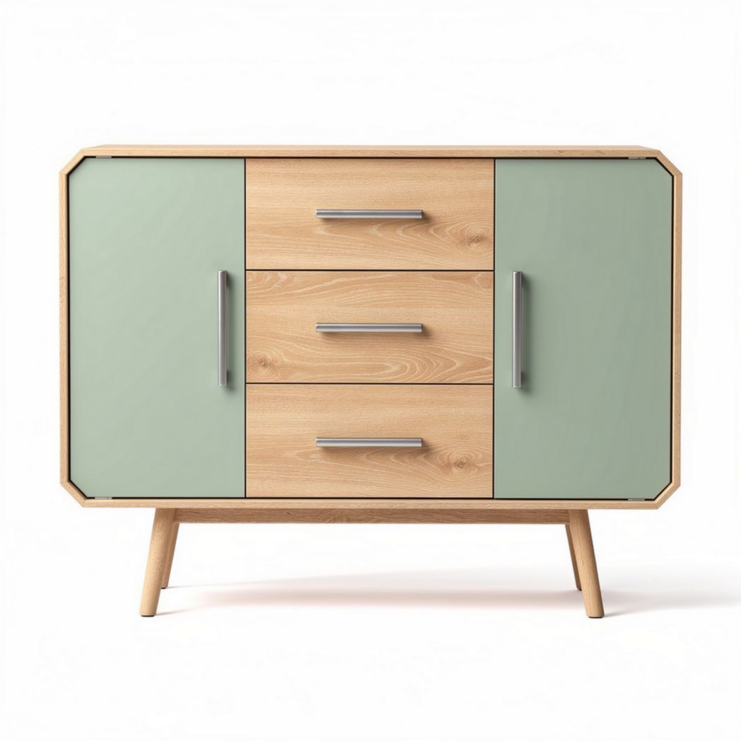 Mid-century modern wooden sideboard with green cabinet doors and three drawers 90 x 40 x 75cm