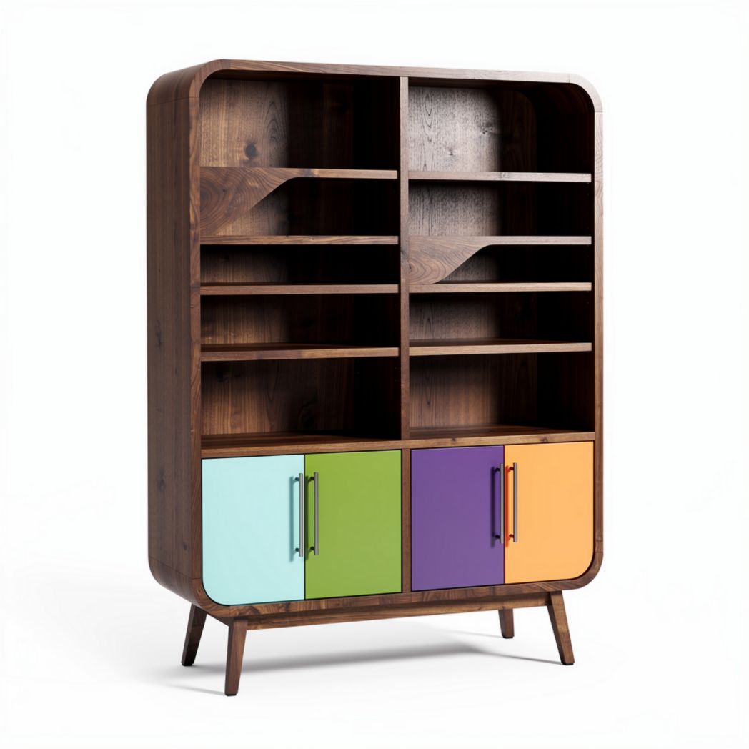 Wooden bookshelf with colorful sliding doors suitable for living room storage 100 x 80 x 30cm