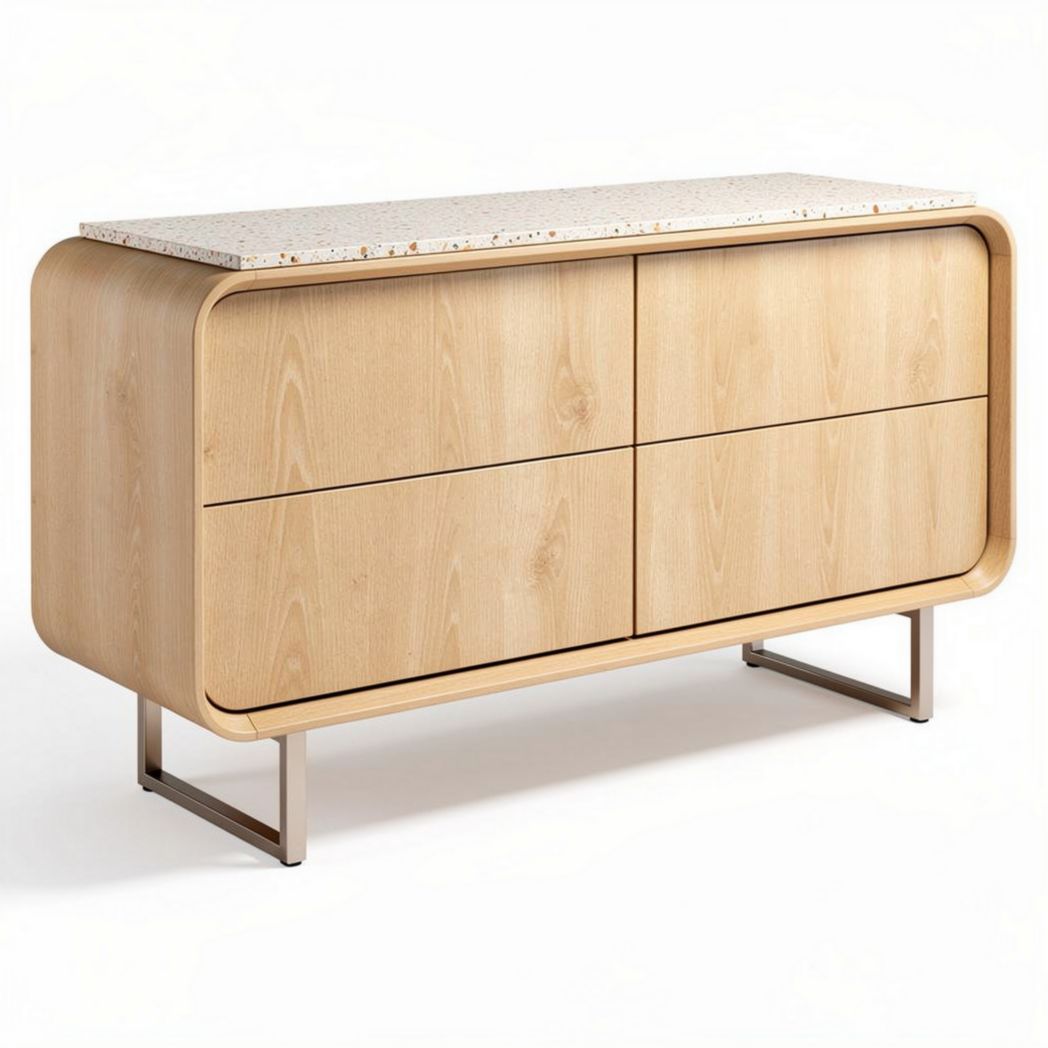 Wooden sideboard with six drawers and stone top 150 x 45 x 75cm